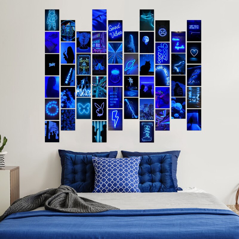 50Pcs Blue Neon Aesthetic Pictures Wall Collage Kits