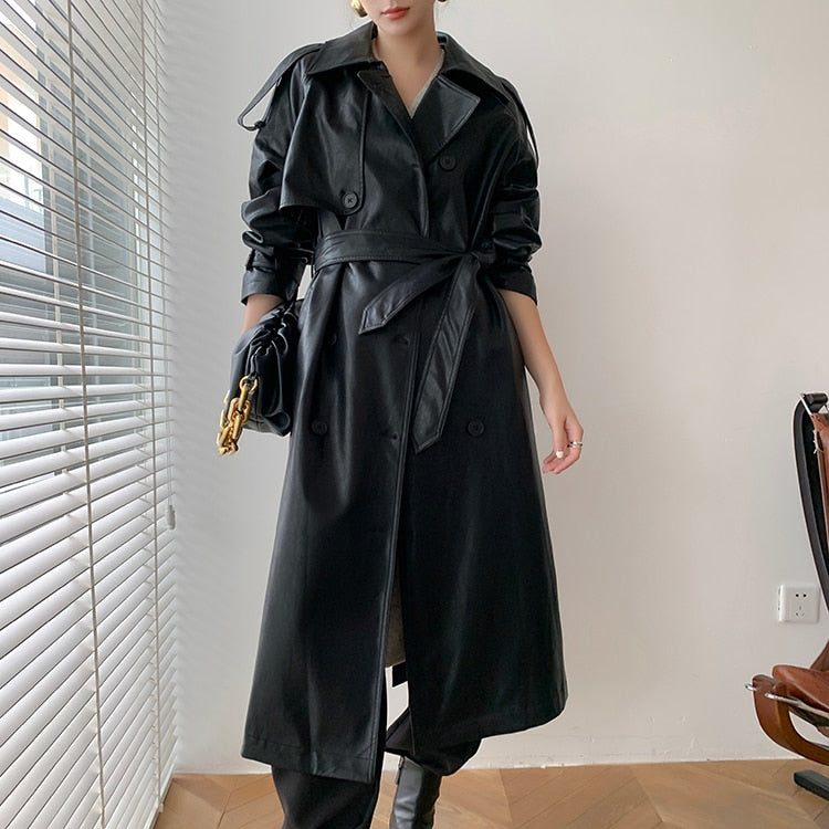 Korea Runway Designer 2021 Fall /Autumn leather Maxi Long Trench Coat With Belt Chic Female Windbreaker Classic