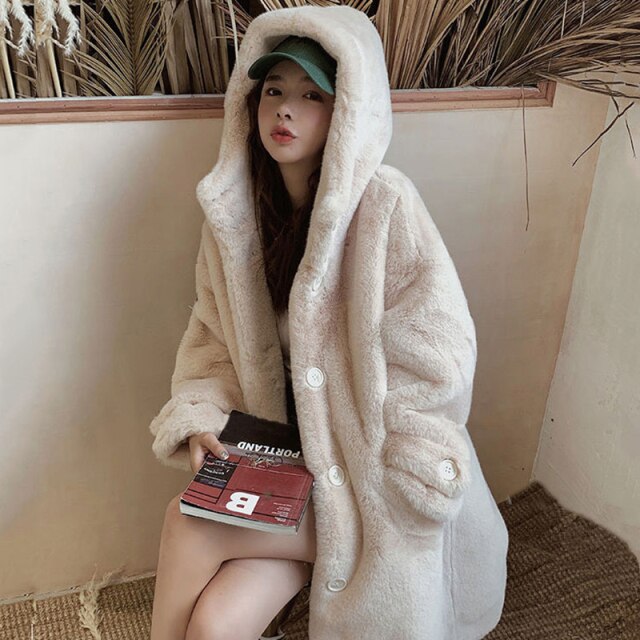 Loose Long Fur Coat Large size Hooded OverCoat Thick Warm Female Plush Coats2021 New Winter Women Faux Rabbit Fur Coat