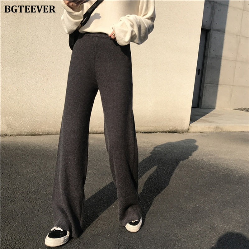 BGTEEVER Autumn Winter Women Thick pant Loose Elastic Waist Straight Leg Knitted Long Pant 2021 Ladies Casual Sweater Trouser