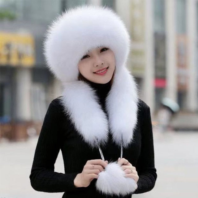 Women's Winter Hat 2021 Faux Fox Fur Bomber Hats Outdoor Windproof Leifeng Hats Warm Ear Protection Russian Snow Hat Ski Cap