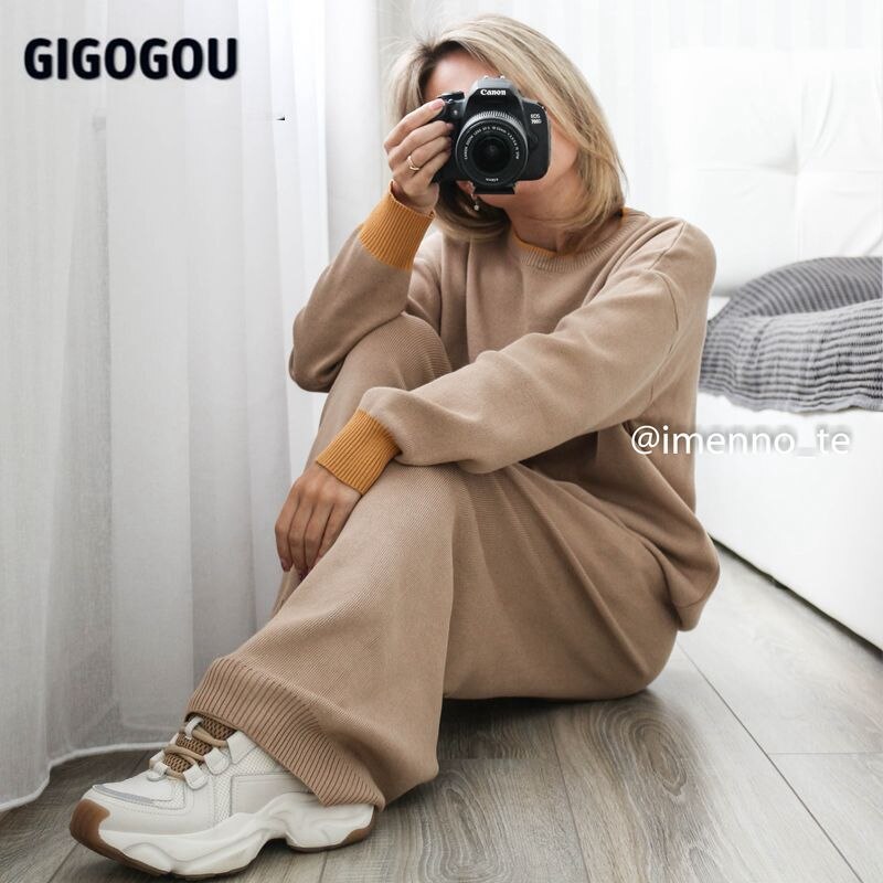 GIGOGOU Knitted Drape Wide-Leg Pant Suit Winter Warm Two piece Sets Y2K Women Sweater Tracksuits Long Straight Trousers Outfits