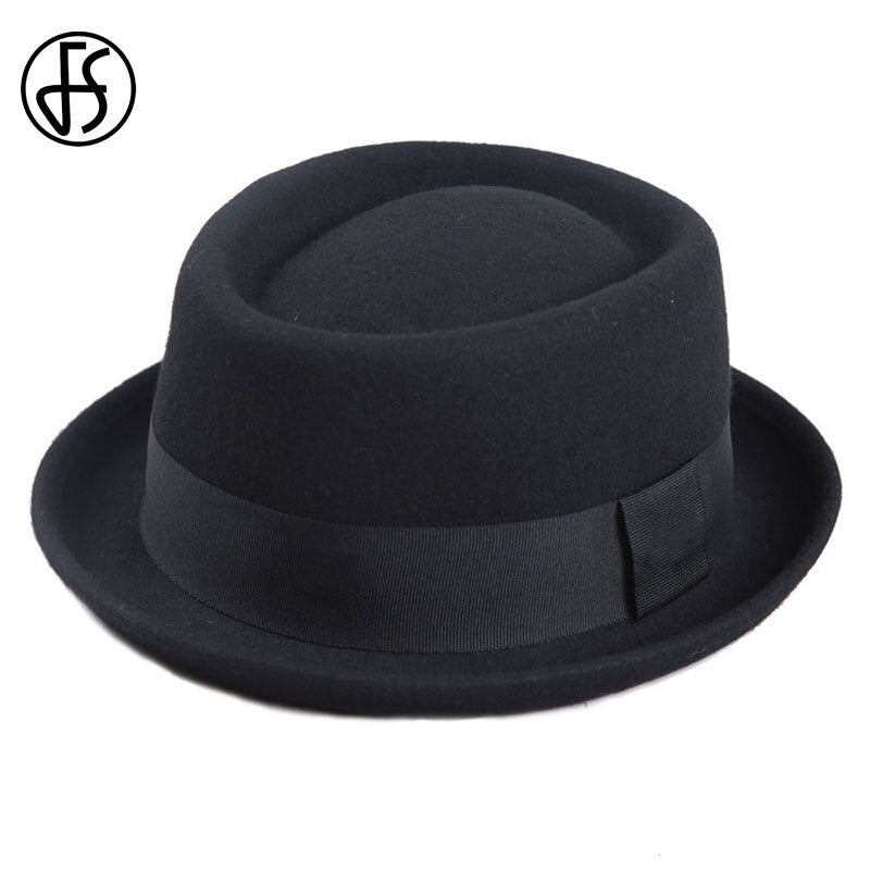 FS Vintage Pork Pie Hat Men Wide Brim Wool Felt Fedora Black Hat Mans Church Jazz Ribbon Trilby Panama Gangsters Caps Gentlemen