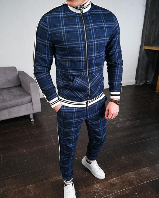 Mens Tracksuits 2020 Colorful Plaid Casual Zipper Hoodie Set Autumn Male Sweatshirt Clothes For Men