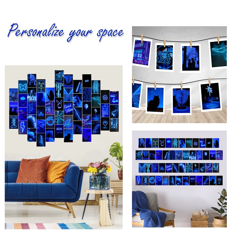 50Pcs Blue Neon Aesthetic Pictures Wall Collage Kits