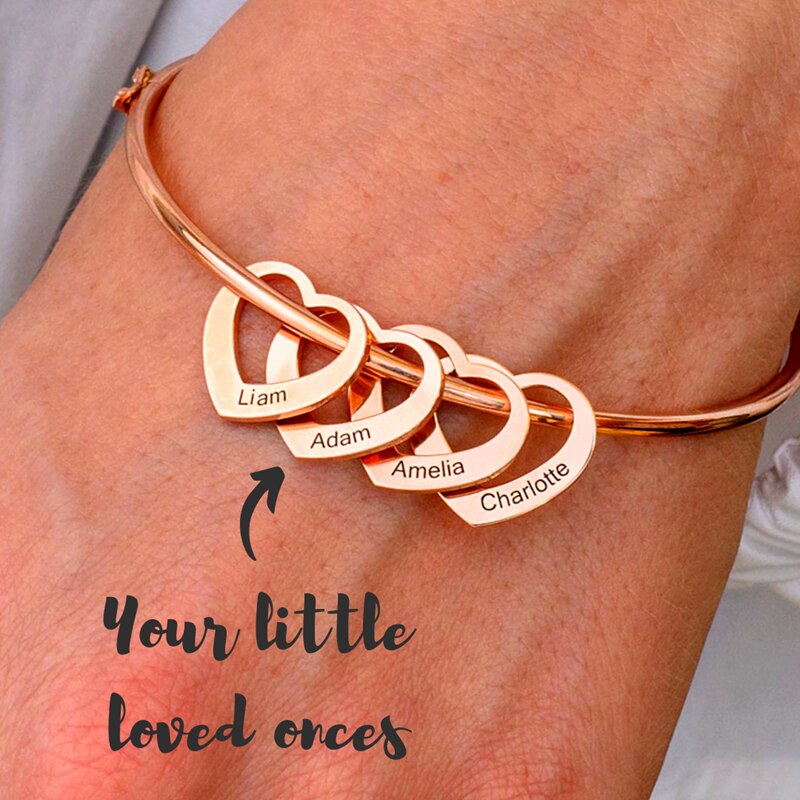 Stainless Steel Bangle Letter Personalized Bracelets with Hearts Customized Engraved 1-9 Names Bracelets Bangles for Women Gift