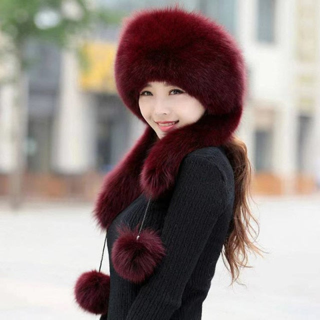 Women's Winter Hat 2021 Faux Fox Fur Bomber Hats Outdoor Windproof Leifeng Hats Warm Ear Protection Russian Snow Hat Ski Cap