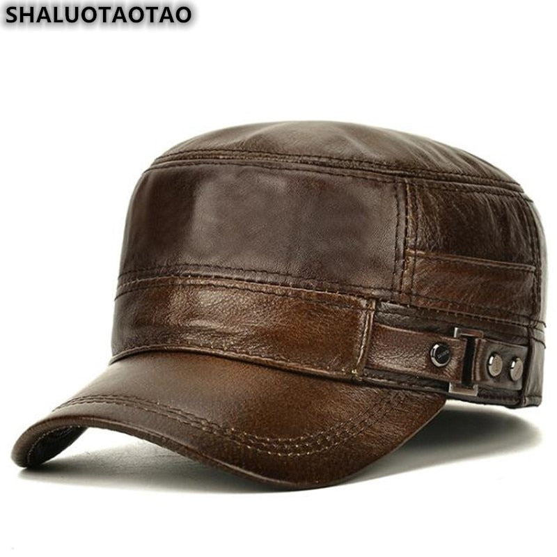 SHALUOTAOTAO Men's Flat Cap Fashion Warm Ear Protectors Genuine Leather Hat Adjustable Size Brands Cowhide Military Hats Winter