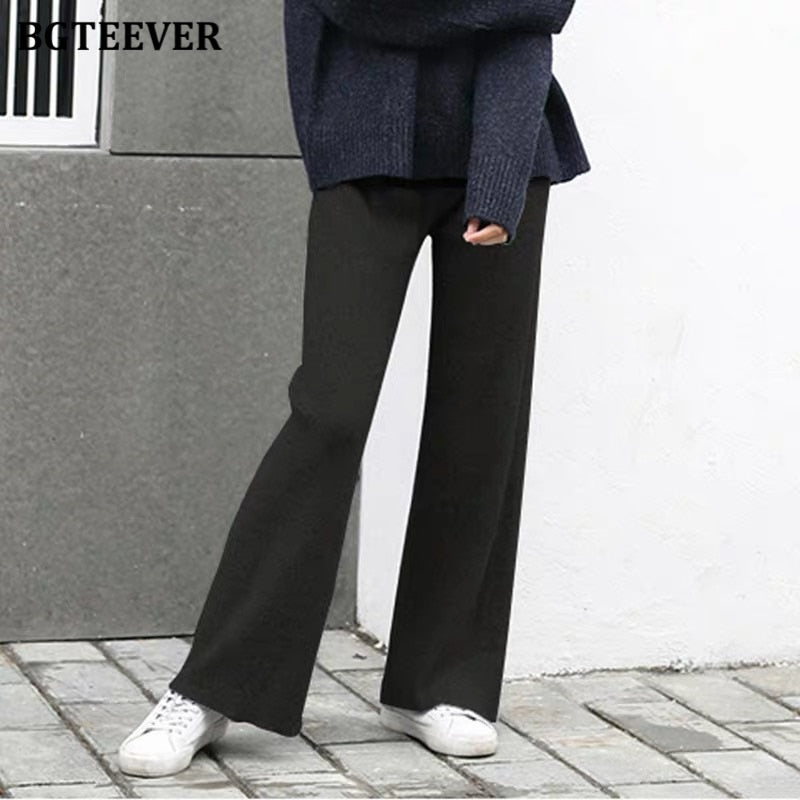 BGTEEVER Autumn Winter Women Thick pant Loose Elastic Waist Straight Leg Knitted Long Pant 2021 Ladies Casual Sweater Trouser