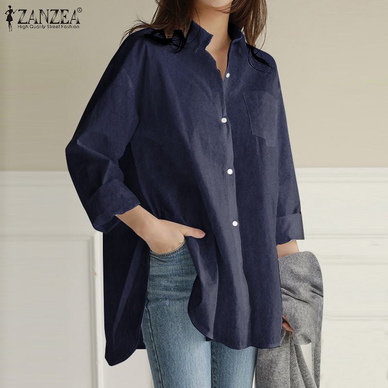 Fashion Demin Blue Shirts Women's Asymmetrical Blouse ZANZEA 2021 Casual Long Sleeve Blusas Female Button Down Tunic