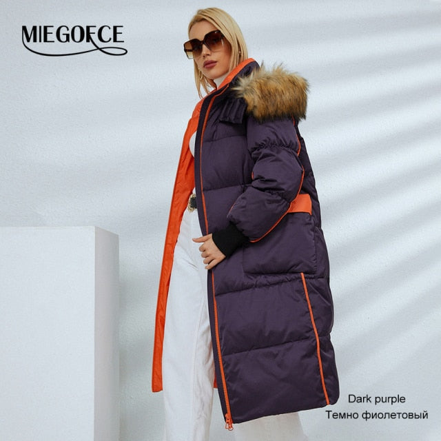 MIEGOFCE 2021 Autumn Winter Women Long Jacket Hood with Fake Fur Collar Parka Fancy Design Pockets Coat Female Outerwear D21518