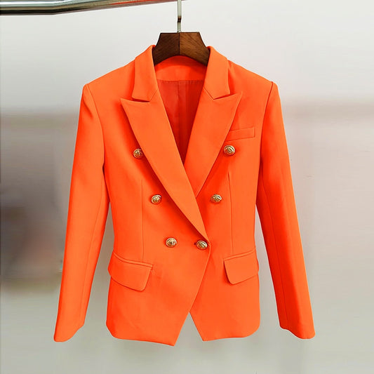 HIGH STREET Classic Baroque Designer Blazer Women's Metal Lion Buttons Double Breasted Blazer Orange