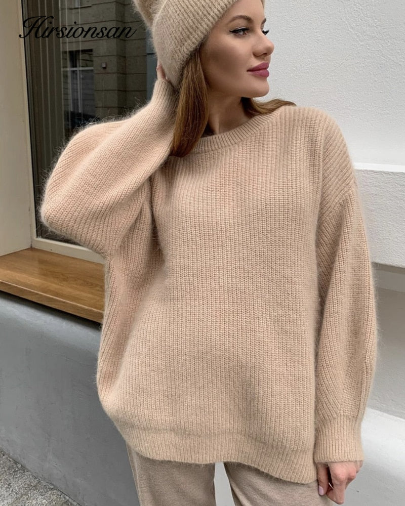 Hirsionsan Soft Loose Knitted Cashmere Sweaters Women 2021 New Winter Loose Solid Female Pullovers Warm Basic Knitwear Jumper