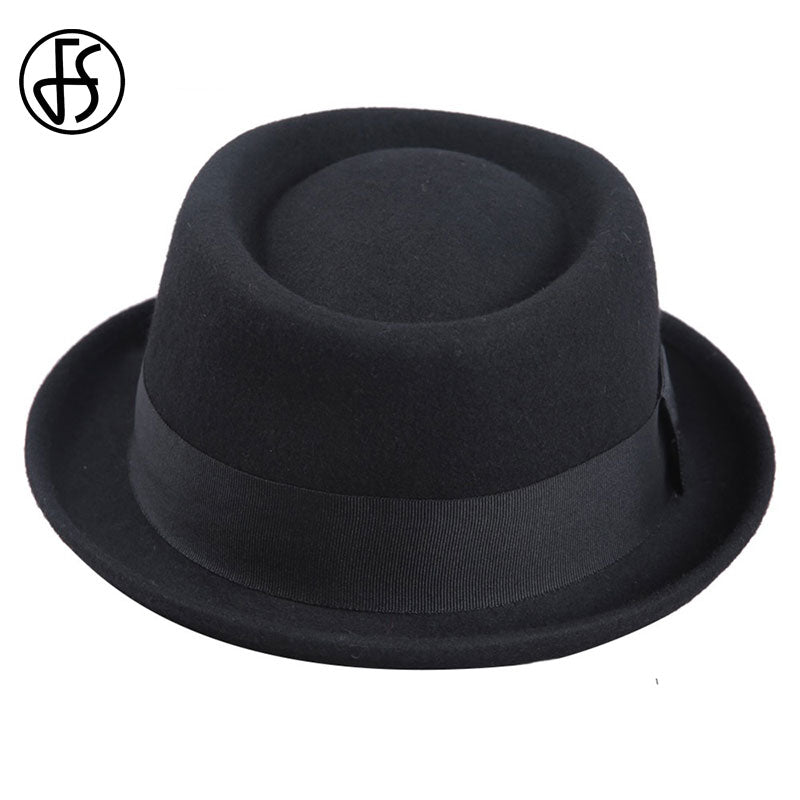 FS Vintage Pork Pie Hat Men Wide Brim Wool Felt Fedora Black Hat Mans Church Jazz Ribbon Trilby Panama Gangsters Caps Gentlemen