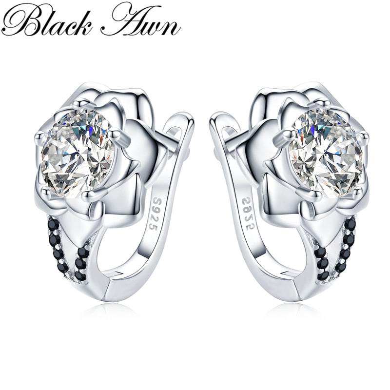 Black Awn 925 Sterling Silver Round Black Trendy Spinel Engagement Flower Hoop Earrings for Women Fine Jewelry Bijoux I152